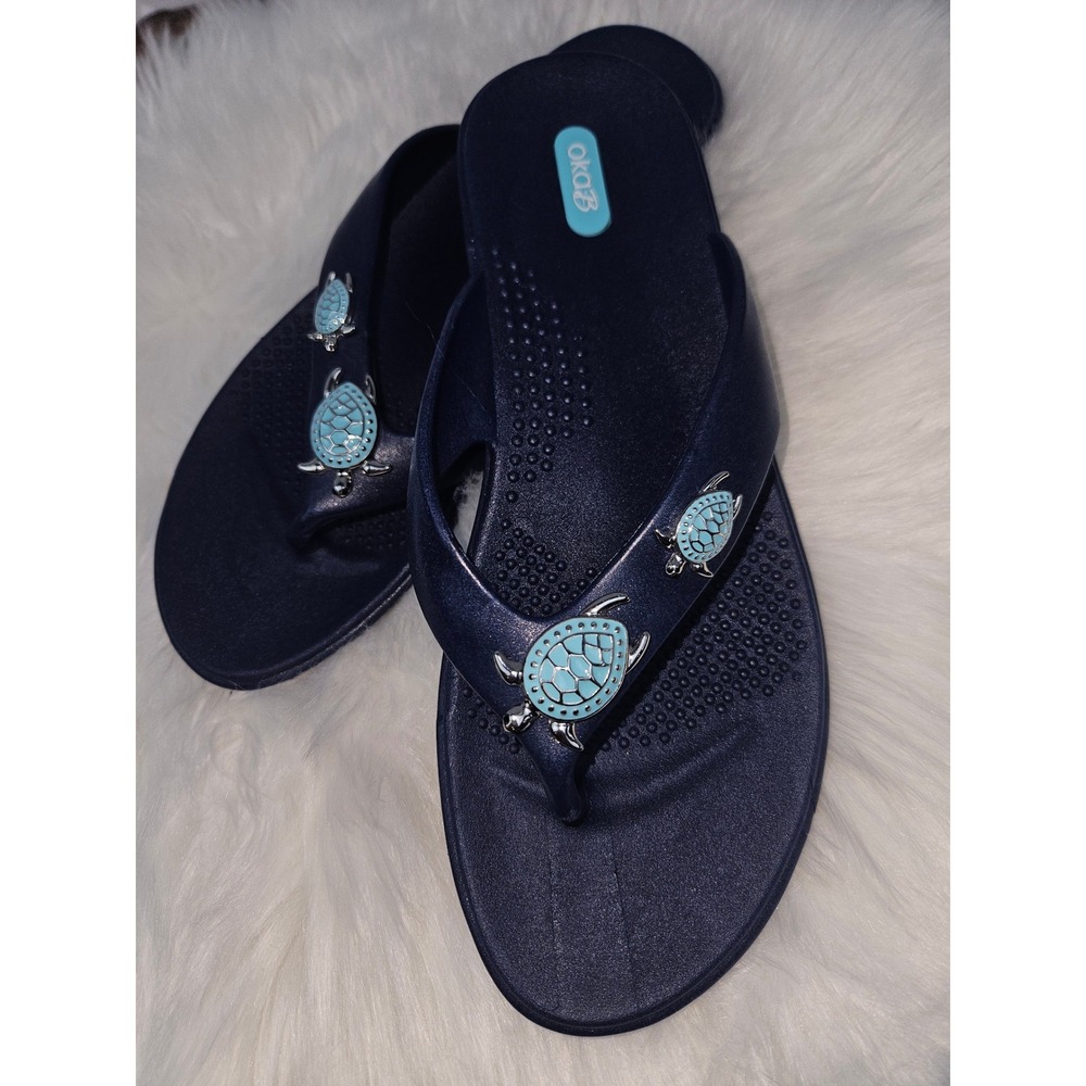 Oka-B Navy Blue Sea Turtle Flip Flops Womens Size L Turquoise Nautical Sandals